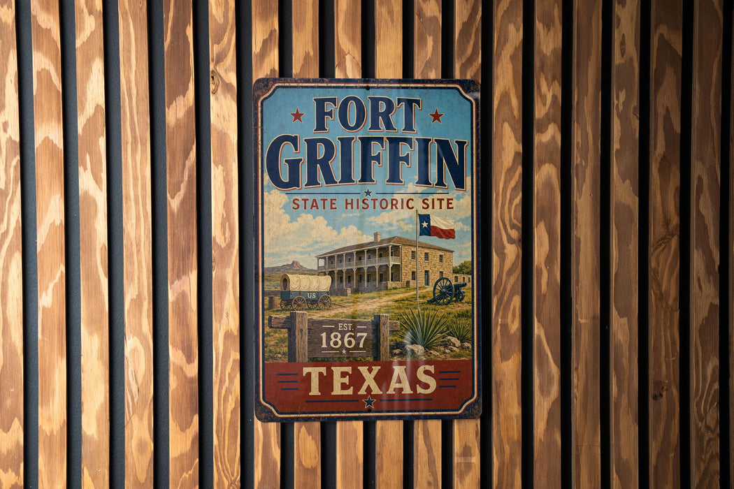A vintage-style sign for Fort Griffin, a historic site in Texas, mounted on a wooden wall.