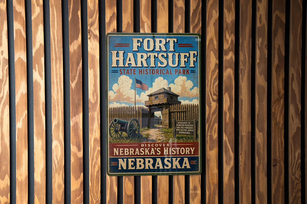 A vintage-style metal sign for Fort Hartsuff State Historical Park in Nebraska, featuring an illustration of a wooden fort and a cannon.