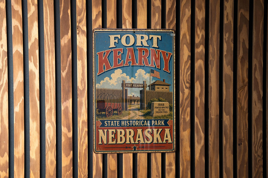 A vintage-style metal sign for Fort Kearny, Nebraska, featuring a wooden fence and a wagon, mounted on a wooden wall.