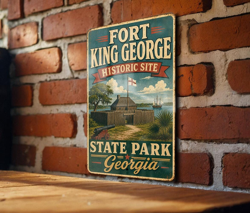 A vintage-style sign for Fort King George Historic Site in Georgia, featuring an illustration of the historic site with a brick wall and palm trees in the background.