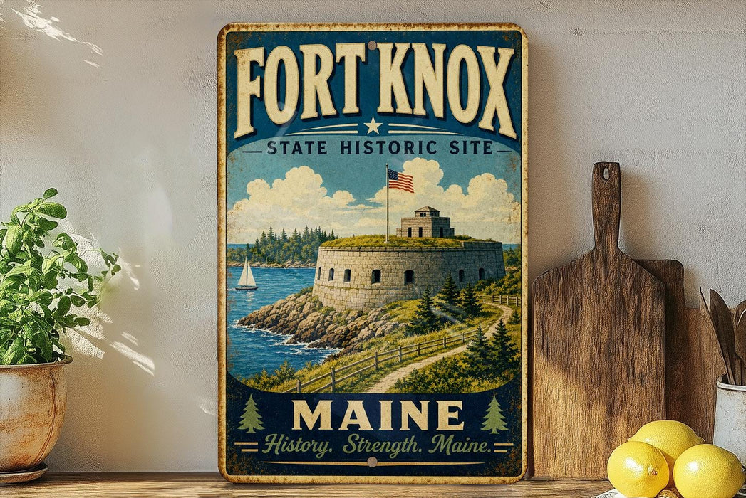 A vintage-style metal sign for the Fort Knox State Historic Site in Maine, featuring an illustration of a fort on a rocky coastline with a sailboat in the background.
