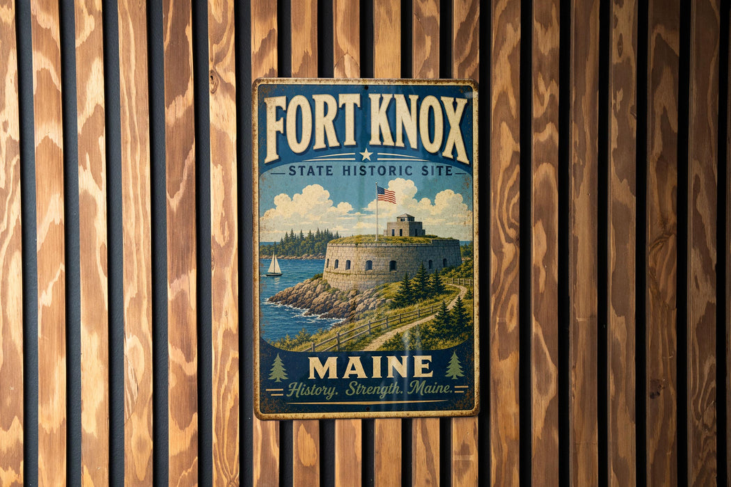 A vintage metal sign for Fort Knox State Historic Site in Maine, featuring a castle and a sailboat on a body of water.