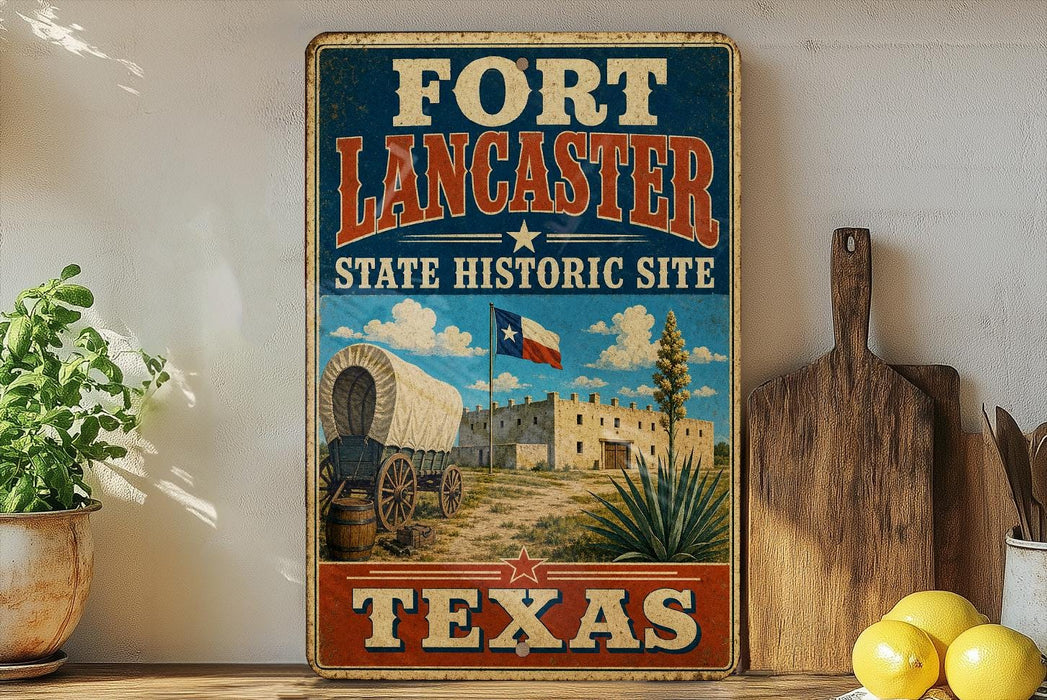 A vintage-style sign for the Fort Lancaster State Historic Site in Texas, featuring an illustration of a wagon and a building with a Texas flag.