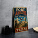 A vintage-style metal sign for the Fort Lancaster State Historic Site in Texas, featuring an illustration of a wagon and a building.