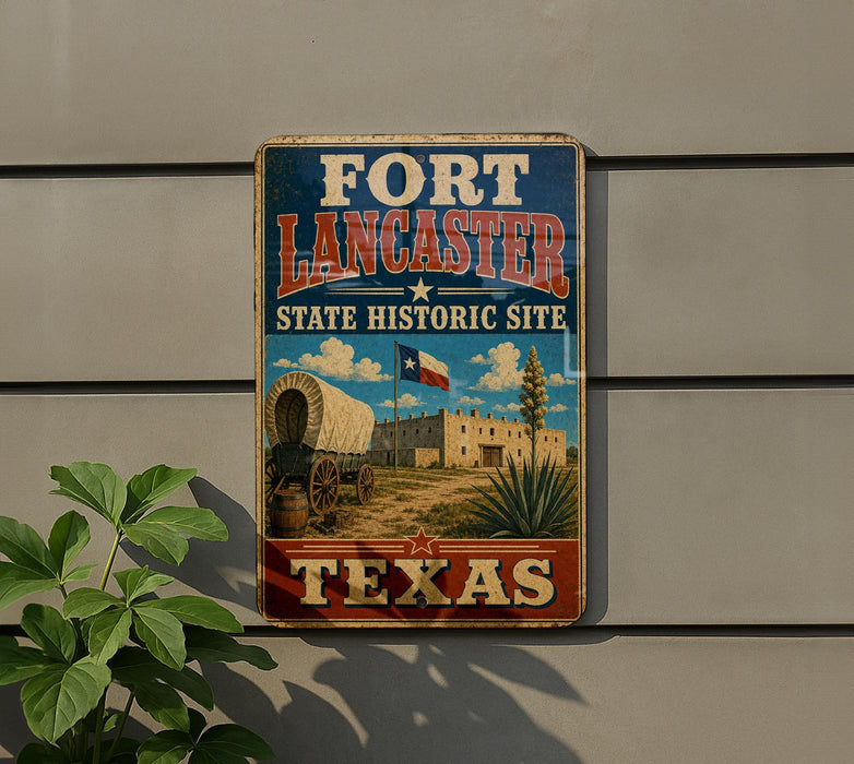 A vintage-style sign for the Fort Lancaster State Historic Site in Texas, featuring a wagon and a building with a Texas flag.
