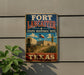 A vintage-style sign for the Fort Lancaster State Historic Site in Texas, featuring a wagon and a building with a Texas flag.