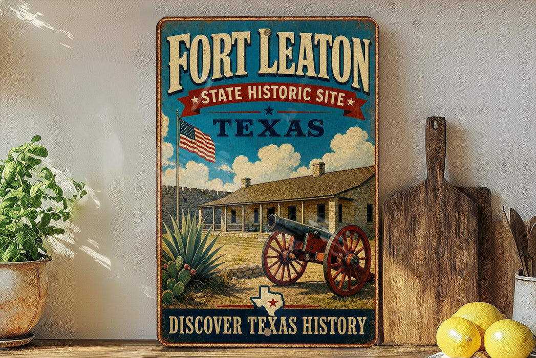 A vintage-style sign for Fort Leaton, a historic site in Texas, featuring an illustration of a cannon, a house, and a cactus.