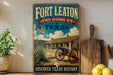 A vintage-style sign for Fort Leaton, a historic site in Texas, featuring an illustration of a cannon, a house, and a cactus.