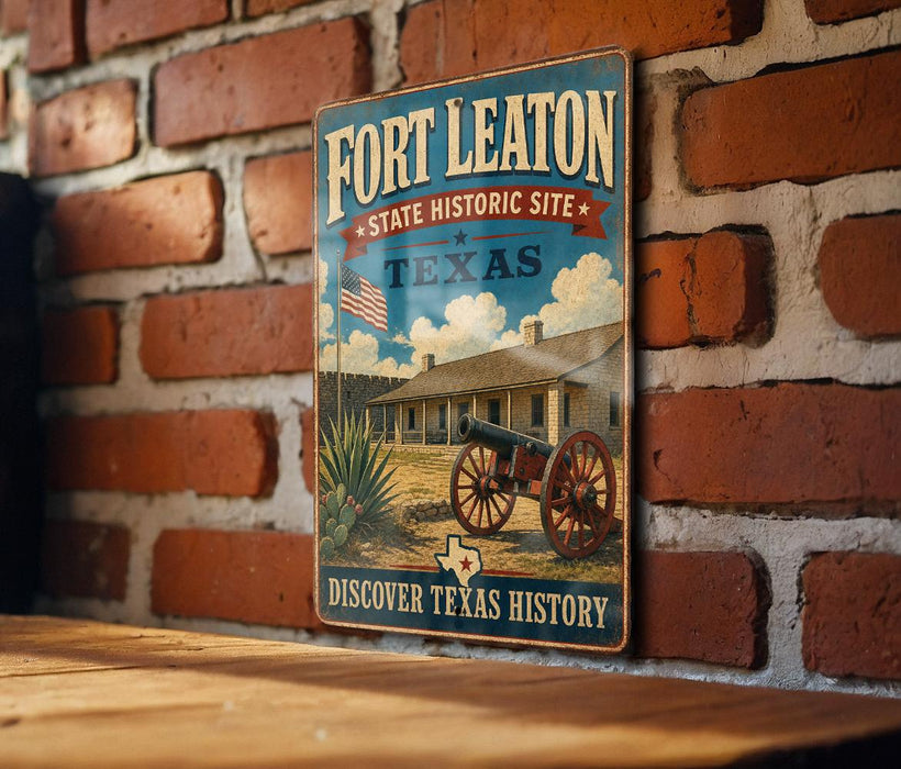 A vintage-style metal sign for the Fort Leaton State Historic Site in Texas, featuring an illustration of a cannon and a house, mounted on a brick wall.