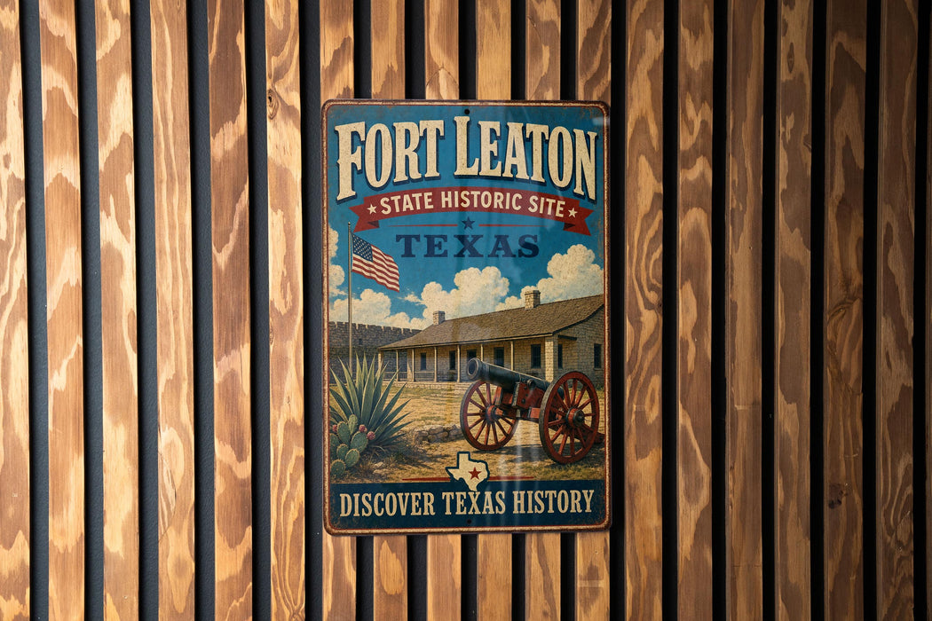 A vintage-style metal sign for Fort Leaton, a historic site in Texas, featuring an image of a cannon and a building with a Texas flag.