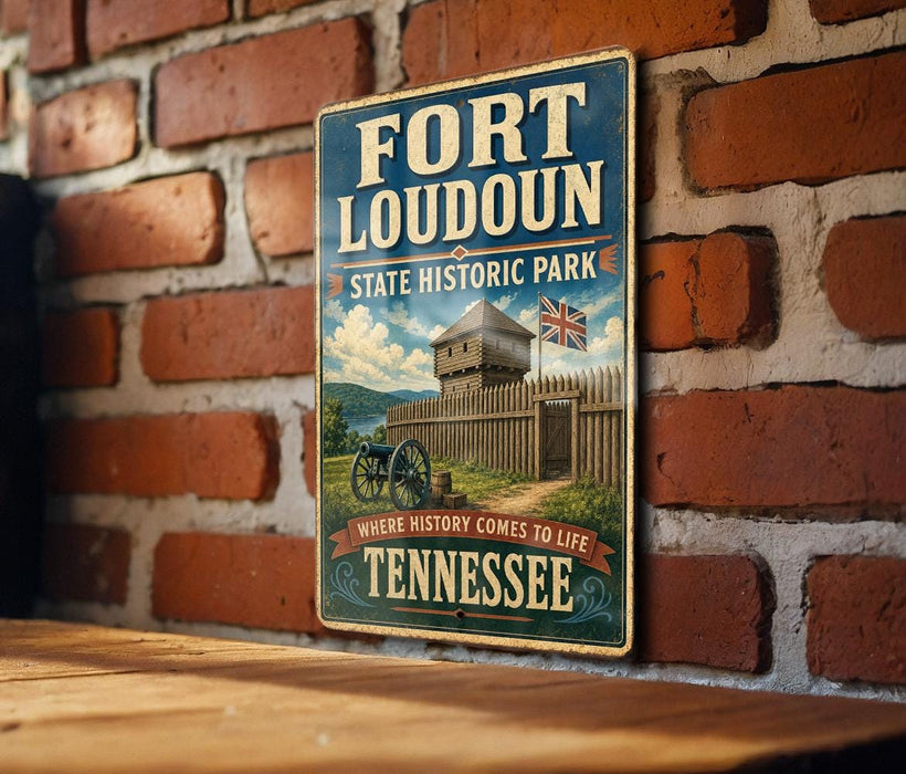 A vintage-style metal sign for Fort Loudoun State Historic Park in Tennessee, featuring an illustration of a fort and a cannon.