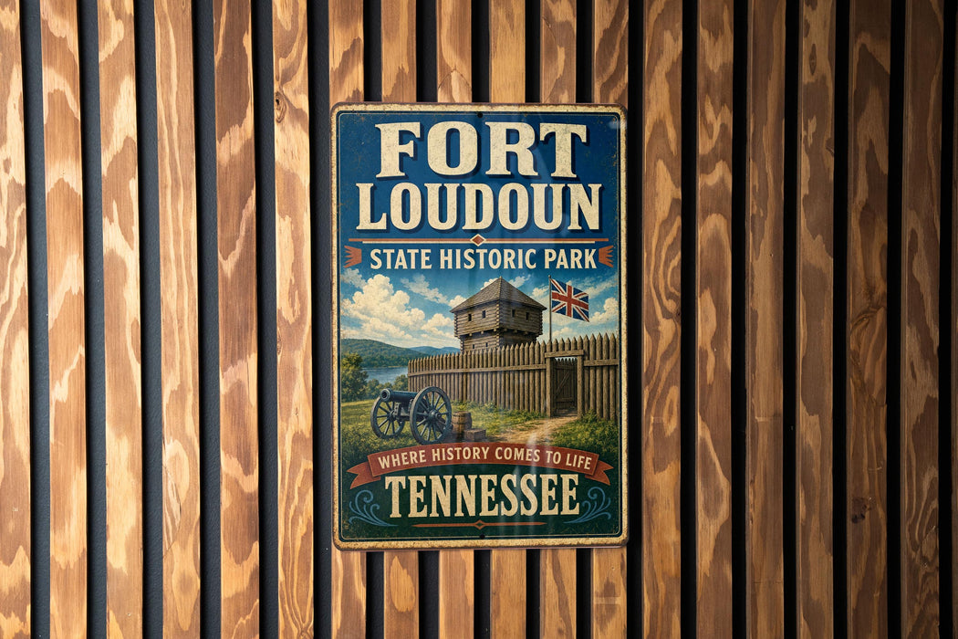 A vintage-style metal sign for Fort Loudoun State Historic Park in Tennessee, featuring a castle and a cannon, mounted on a wooden wall.