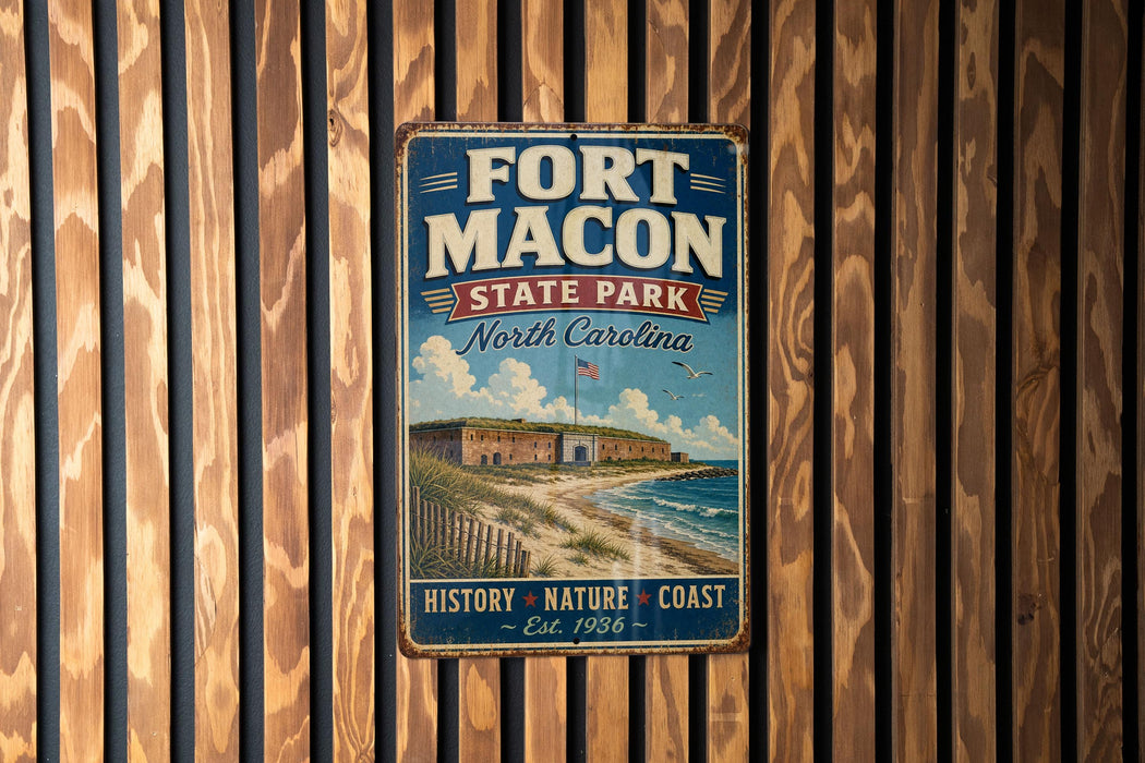 A vintage-style metal sign for Fort Macon State Park in North Carolina, featuring an illustration of the fort and beach.