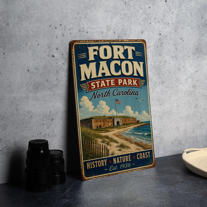 A vintage-style metal sign for Fort Macon State Park in North Carolina, featuring an illustration of the fort and beach.