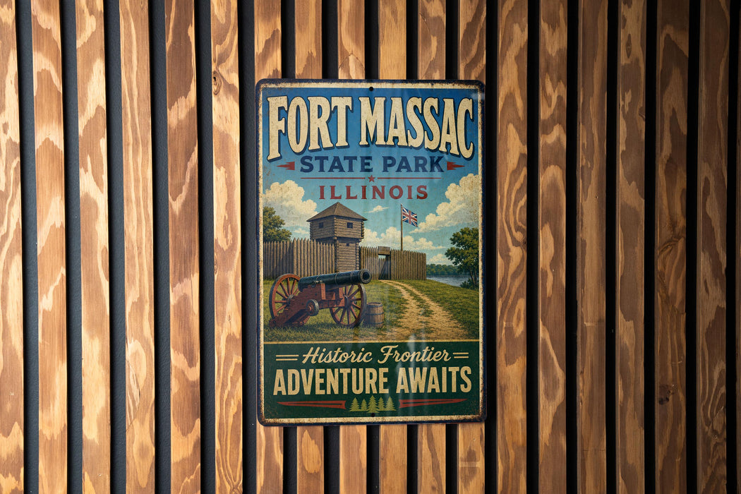 A vintage metal sign for Fort Massac State Park in Illinois, featuring a cannon and a wooden fence, hangs on a wooden wall.