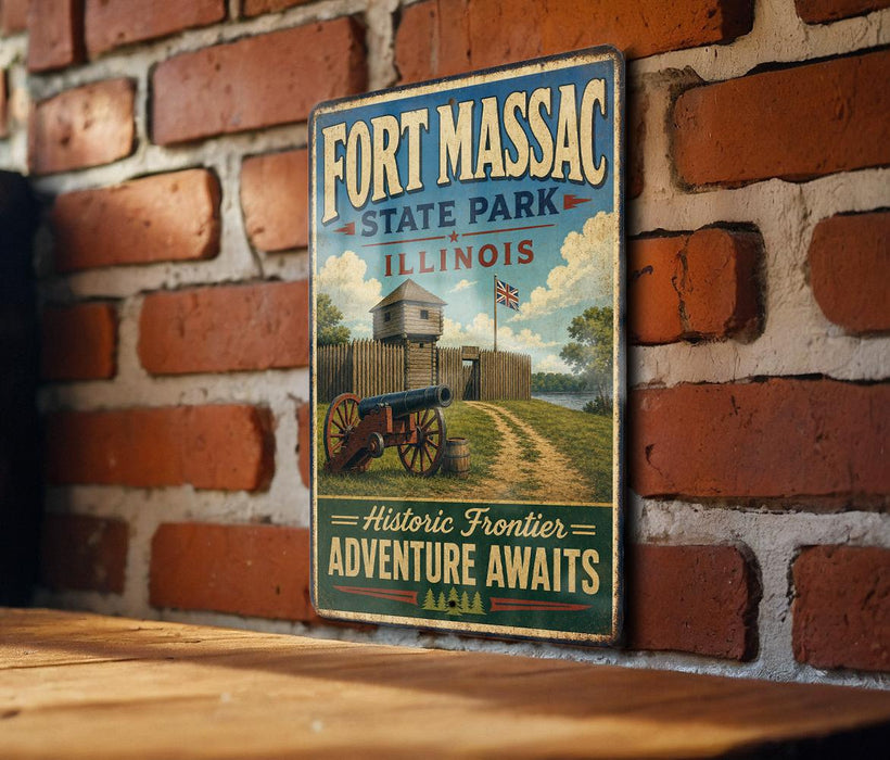 A vintage metal sign for Fort Massac State Park in Illinois, featuring an illustration of a cannon and a wooden fence, with the text "Historic Frontier Adventure Awaits" and "Fort Massac State Park, Illinois".