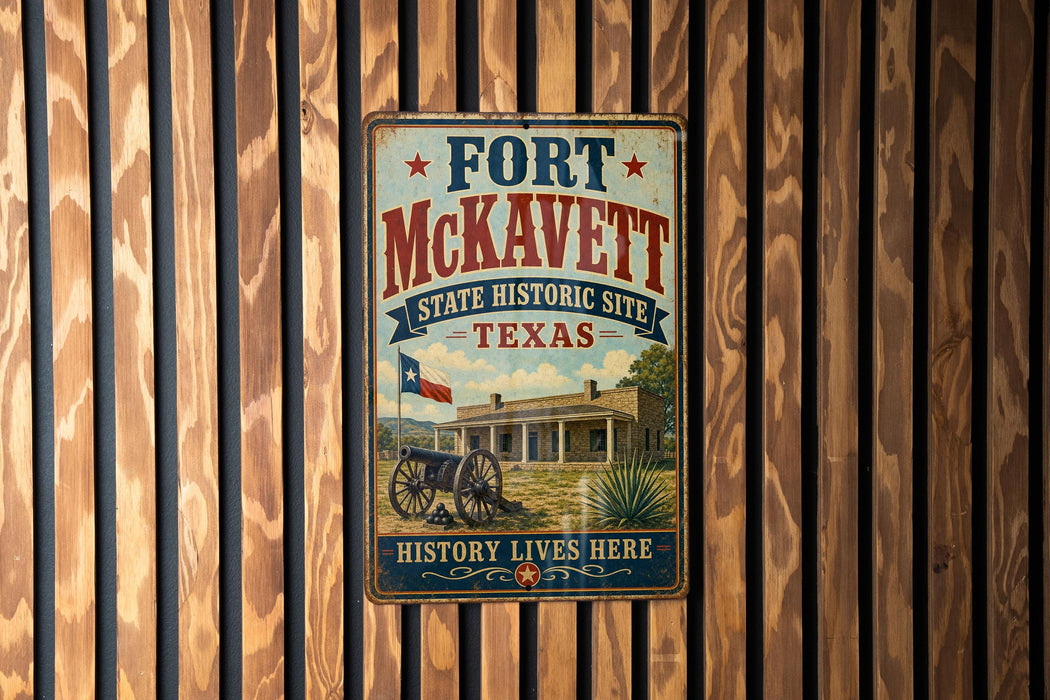 A vintage-style metal sign for Fort McKeett, a historic site in Texas, mounted on a wooden wall.