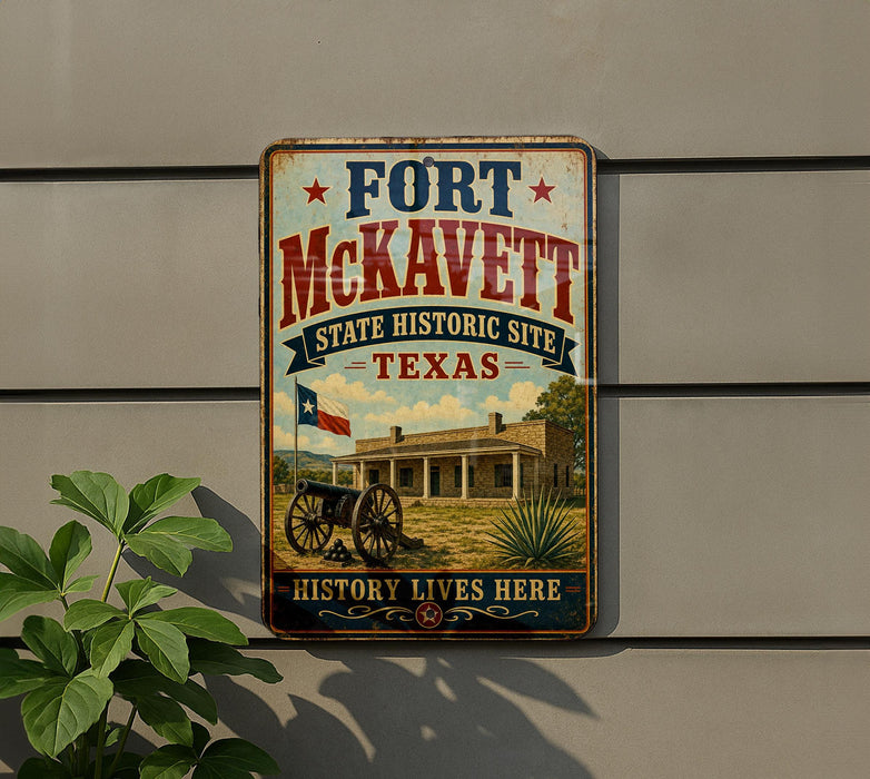 a vintage-style metal sign that reads "Fort McKavett, State Historic Site, Texas, History Lives Here" with a picture of a historical building and a cannon.