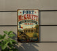 a vintage-style metal sign that reads "Fort McKavett, State Historic Site, Texas, History Lives Here" with a picture of a historical building and a cannon.