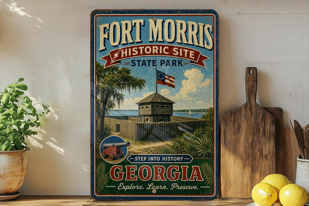 A vintage-style sign for Fort Morris Historic Site in Georgia, featuring a wooden fence, a lighthouse, and a palm tree, with the text "Step into History Georgia" and "Explore. Learn. Preserve."