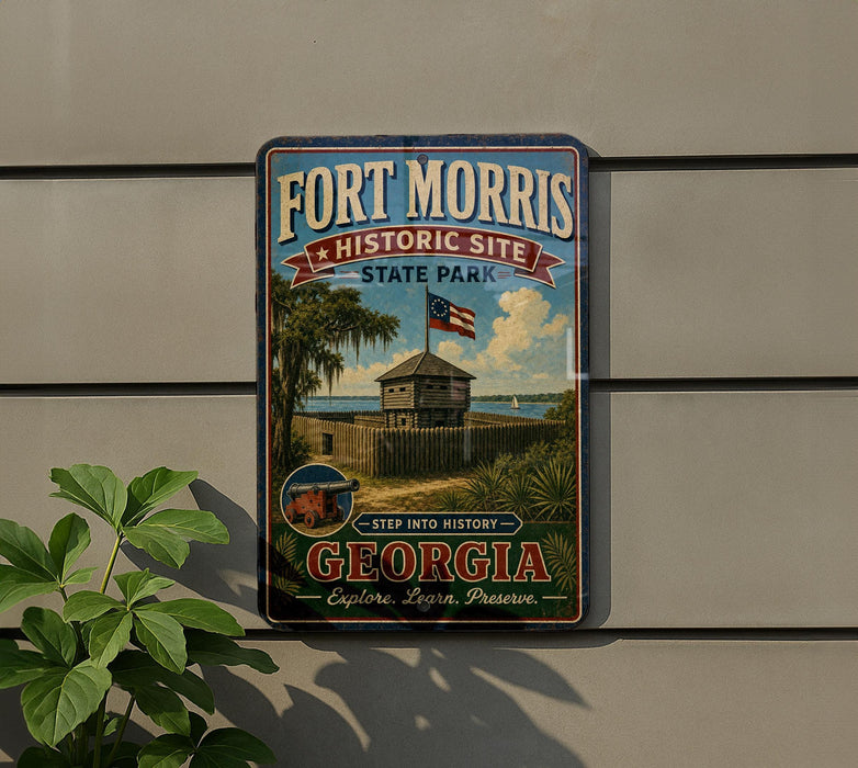 A vintage-style sign for Fort Morris Historic Site in Georgia, featuring a depiction of a historic fort surrounded by palm trees and a clear blue sky.
