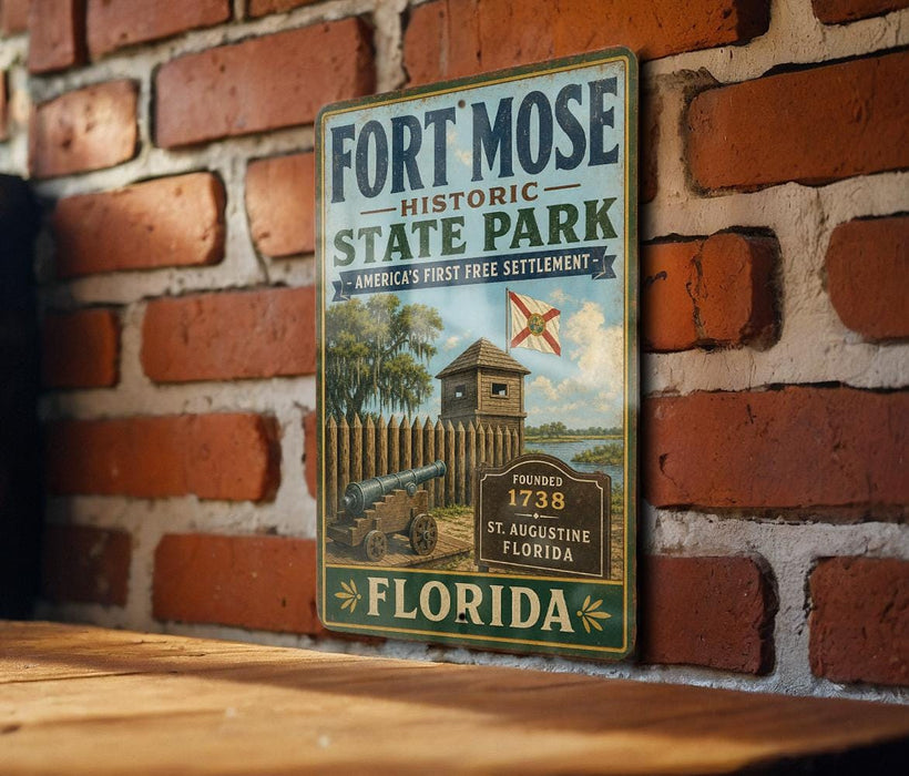A vintage-style sign for Fort Mose Historic State Park in Florida, featuring a brick wall backdrop and a wooden table.