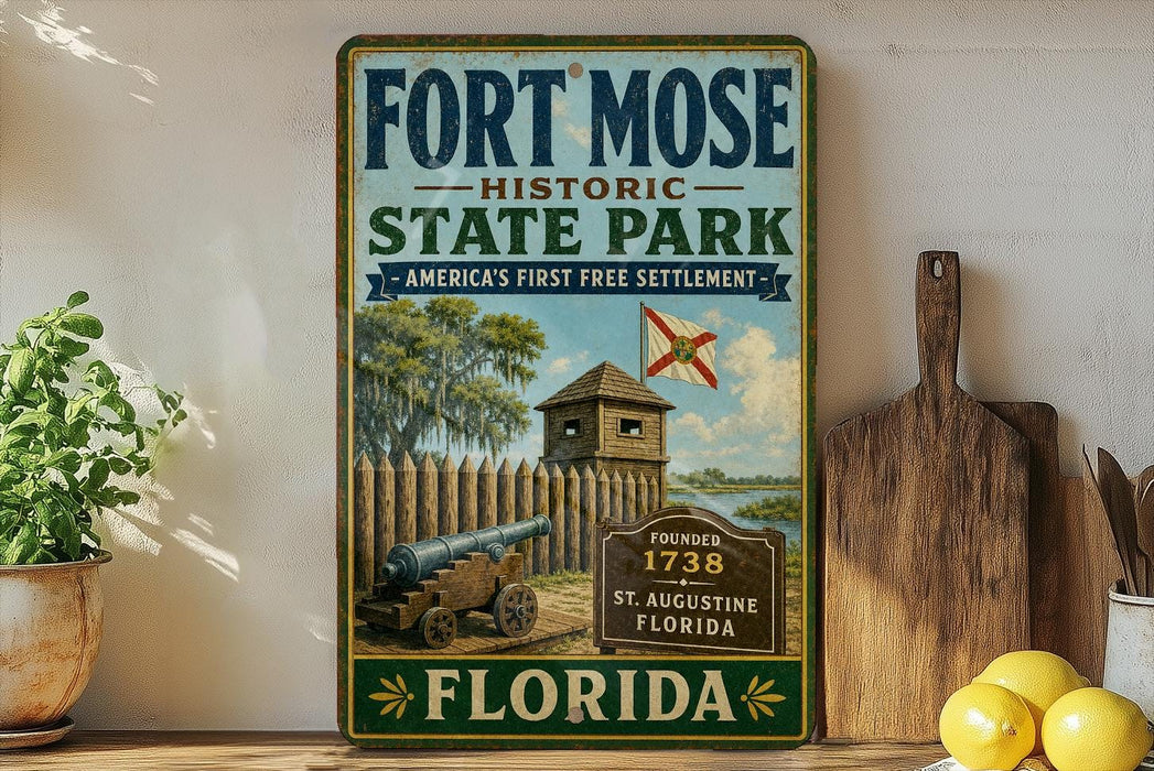 A vintage-style metal sign for Fort Mose Historic State Park in Florida, featuring an illustration of a cannon and a wooden fort.