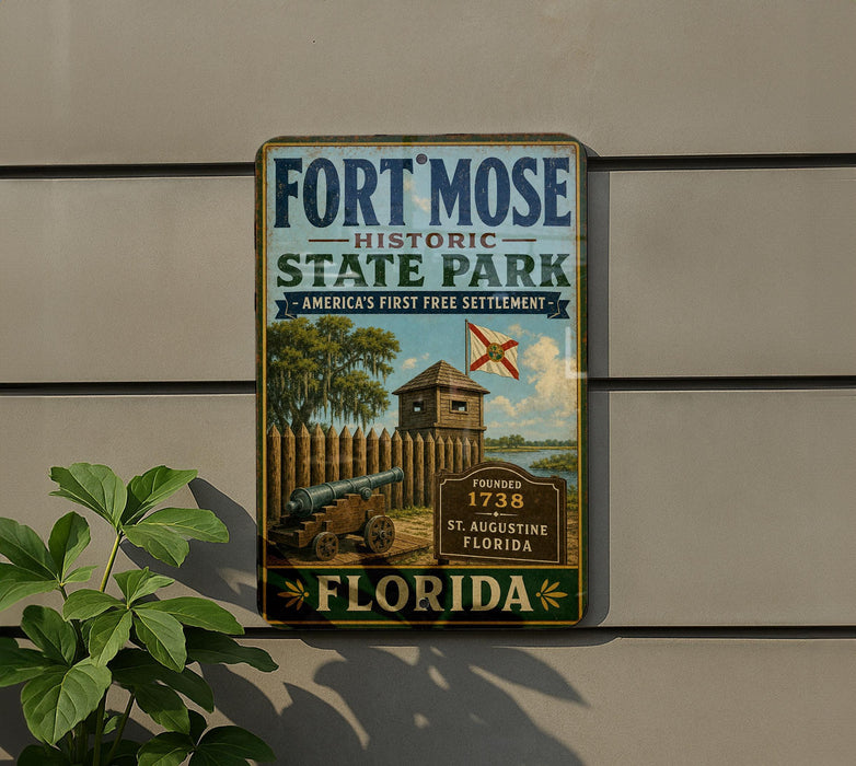 A vintage-style sign for Fort Mose Historic State Park in Florida, featuring a cannon, a wooden fence, and a flag.