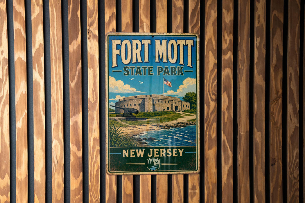A vintage-style metal sign for Fort Mott State Park in New Jersey, featuring an illustration of the fort and surrounding landscape.