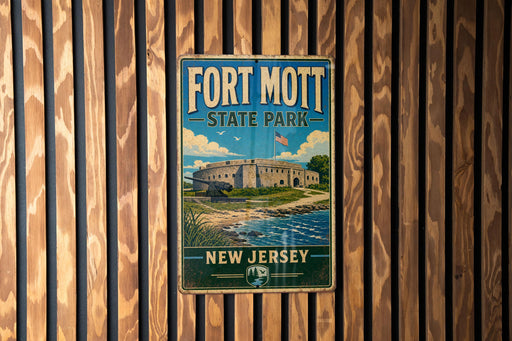 A vintage-style metal sign for Fort Mott State Park in New Jersey, featuring an illustration of the fort and surrounding landscape.