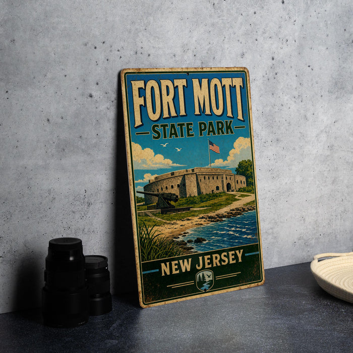 A vintage-style metal sign for Fort Mott State Park in New Jersey, featuring an illustration of the fort and surrounding landscape.