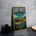 A vintage-style metal sign for Fort Mott State Park in New Jersey, featuring an illustration of the fort and surrounding landscape.