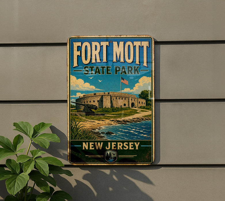 A vintage-style sign for Fort Mott State Park in New Jersey, featuring an illustration of the fort and surrounding landscape.