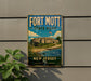 A vintage-style sign for Fort Mott State Park in New Jersey, featuring an illustration of the fort and surrounding landscape.