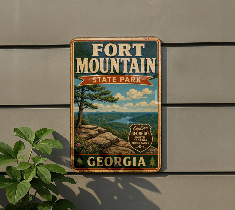A vintage-style metal sign for Fort Mountain State Park in Georgia, featuring a scenic landscape with a mountain, pine trees, and a river.