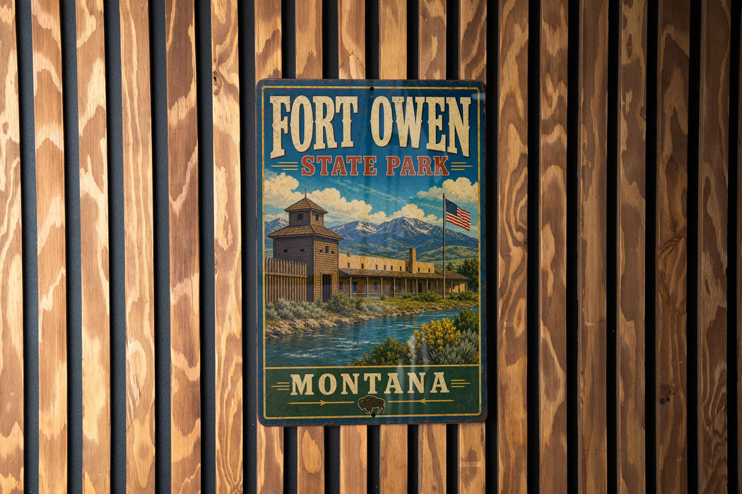 A vintage-style metal sign for Fort Owen State Park in Montana, featuring a scenic illustration of the park's landscape and architecture.