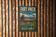 A vintage-style metal sign for Fort Owen State Park in Montana, featuring a scenic illustration of the park's landscape and architecture.