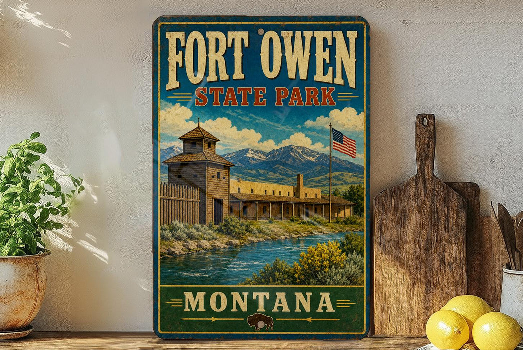 A vintage-style poster of Fort Owen State Park in Montana, featuring a wooden building and a river, is displayed on a wall next to a wooden cutting board and a potted plant.