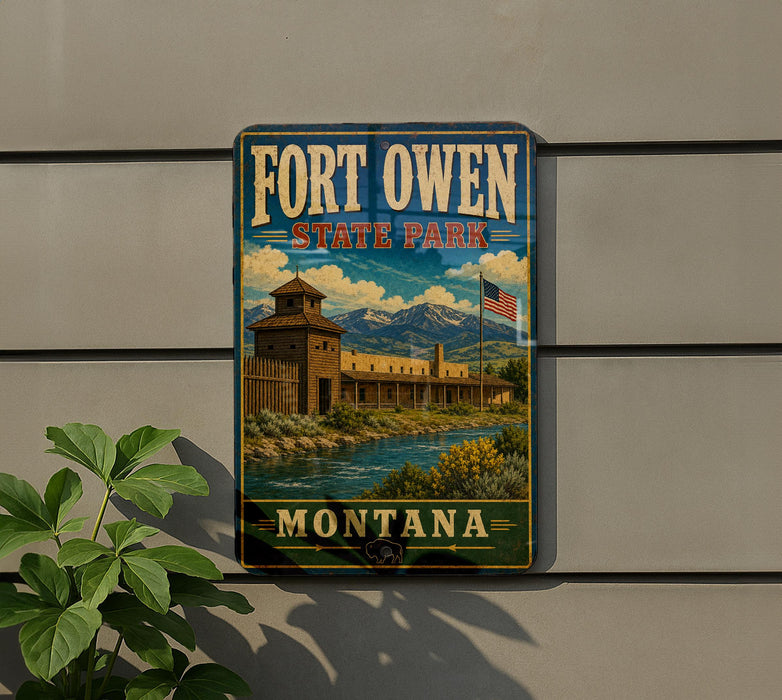 A vintage-style sign for Fort Owen State Park in Montana, featuring a castle-like structure and a river in the background.