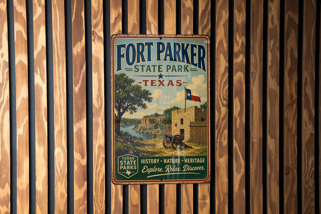 A vintage-style metal sign for Fort Parker State Park in Texas, featuring a scenic illustration of a historic fort and a river.
