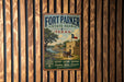 A vintage-style metal sign for Fort Parker State Park in Texas, featuring a scenic illustration of a historic fort and a river.