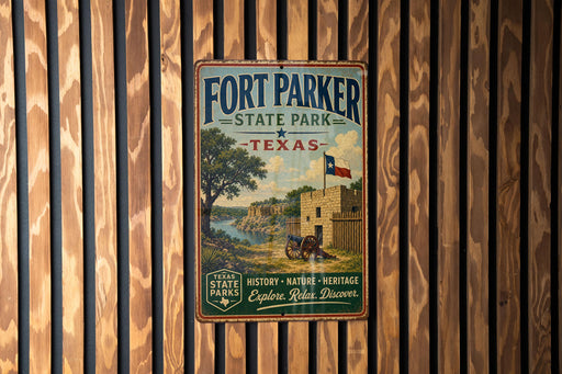 A vintage-style metal sign for Fort Parker State Park in Texas, featuring a scenic illustration of a historic fort and a river.