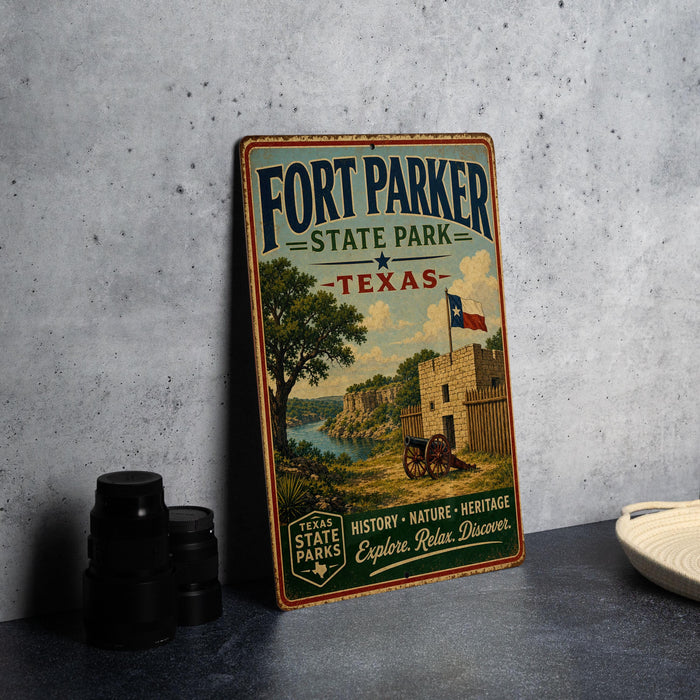 A vintage-style metal sign for Fort Parker State Park in Texas, featuring a scenic illustration of a historical fort and a river.
