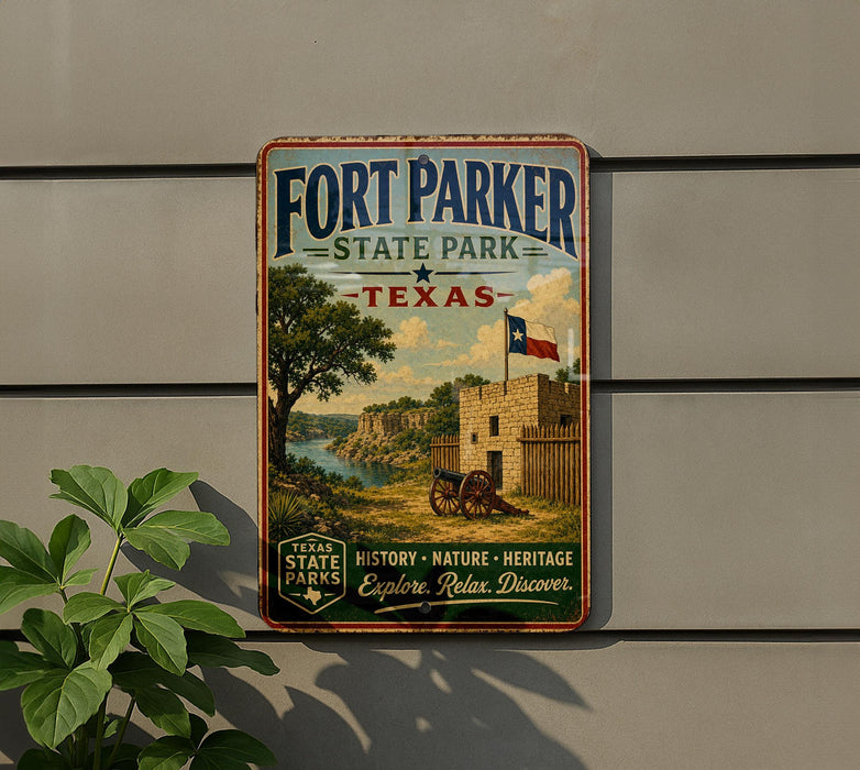 A vintage-style metal sign for Fort Parker State Park in Texas, featuring a scenic illustration of a historic fort and landscape.