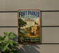 A vintage-style metal sign for Fort Parker State Park in Texas, featuring a scenic illustration of a historic fort and landscape.