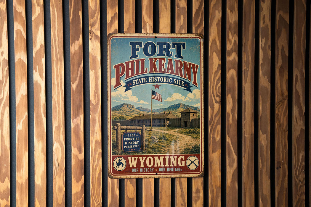 A vintage-style metal sign for Fort Phil Kearny, the State Historic Site in Wyoming, featuring a scenic image of the historic site and the text "Our History - Our Heritage".