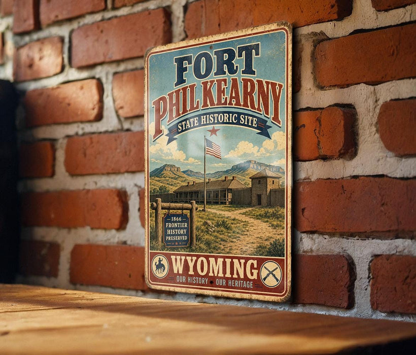 A vintage-style metal sign for the Fort Phil Kearny, a historic site in Wyoming, is displayed on a brick wall.