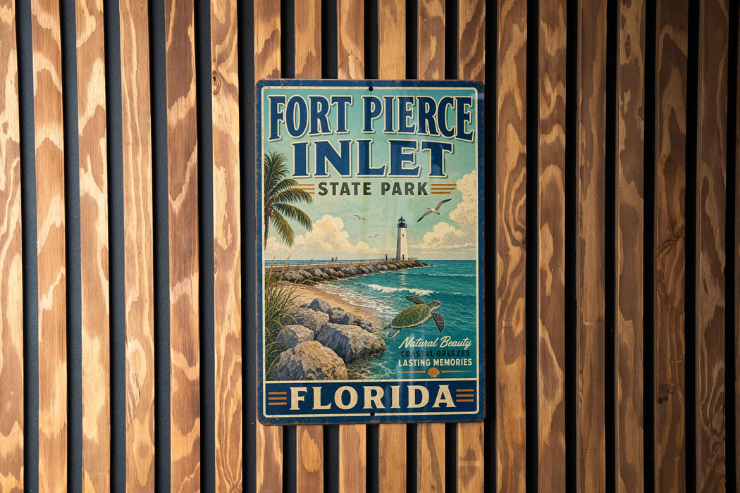 A vintage-style metal sign for Fort Pierce Inlet State Park in Florida, featuring a beach scene with a lighthouse and palm trees.