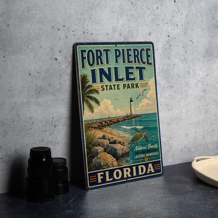 A vintage-style sign for Fort Pierce Inlet State Park in Florida, featuring a beach scene with palm trees, a lighthouse, and a turtle.