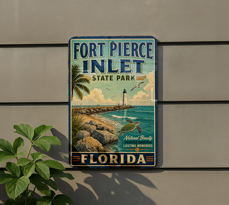 A vintage-style sign for Fort Pierce Inlet State Park in Florida, featuring a beach scene with a lighthouse and palm trees.